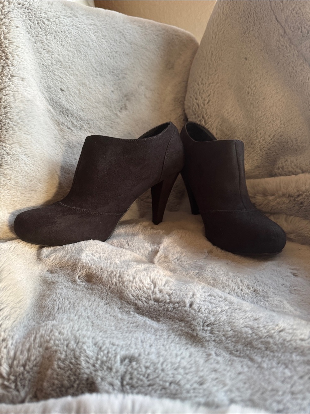 Suede High-Heel Ankle Booties in Dark Brown